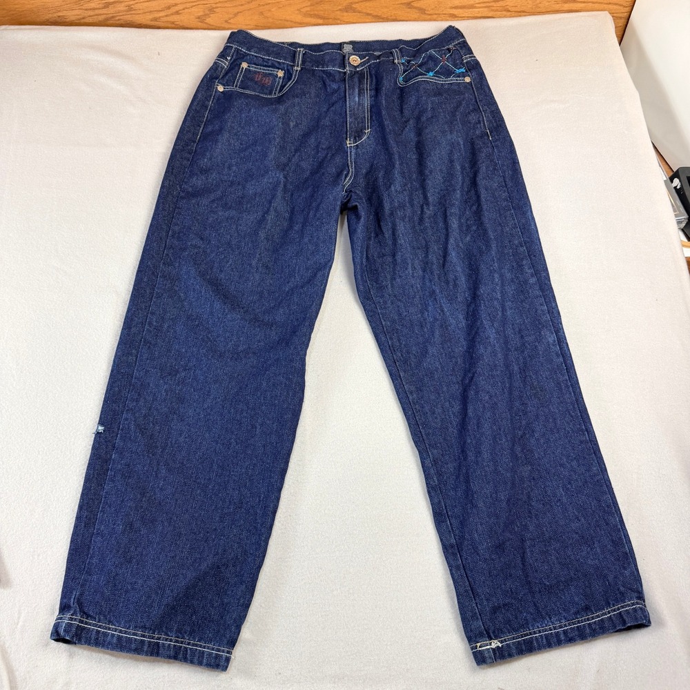 FUBU The Collection Mens 38 Baggy Jeans Dark Wash Embroidered Wide Leg Y2K 90s